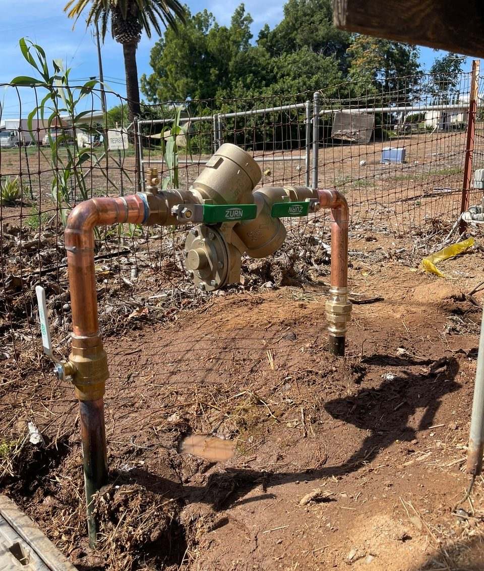 Zurn backflow prevention assembly installed on copper risers at a property water service